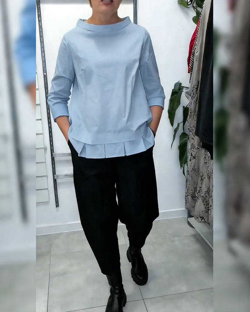 100% Cotton Wide-Collar Solid Color Casual Blouse