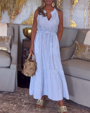 Stripe print drawstring sleeveless dress