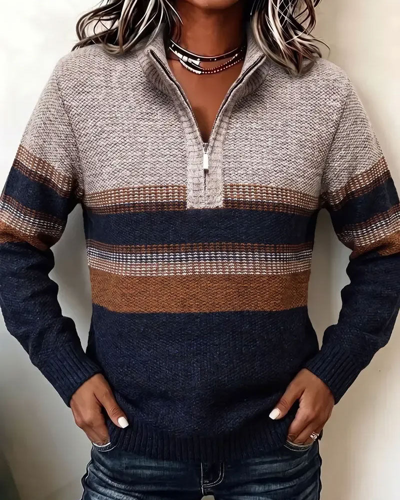 Lapel Zipper Striped Contrast Pullover