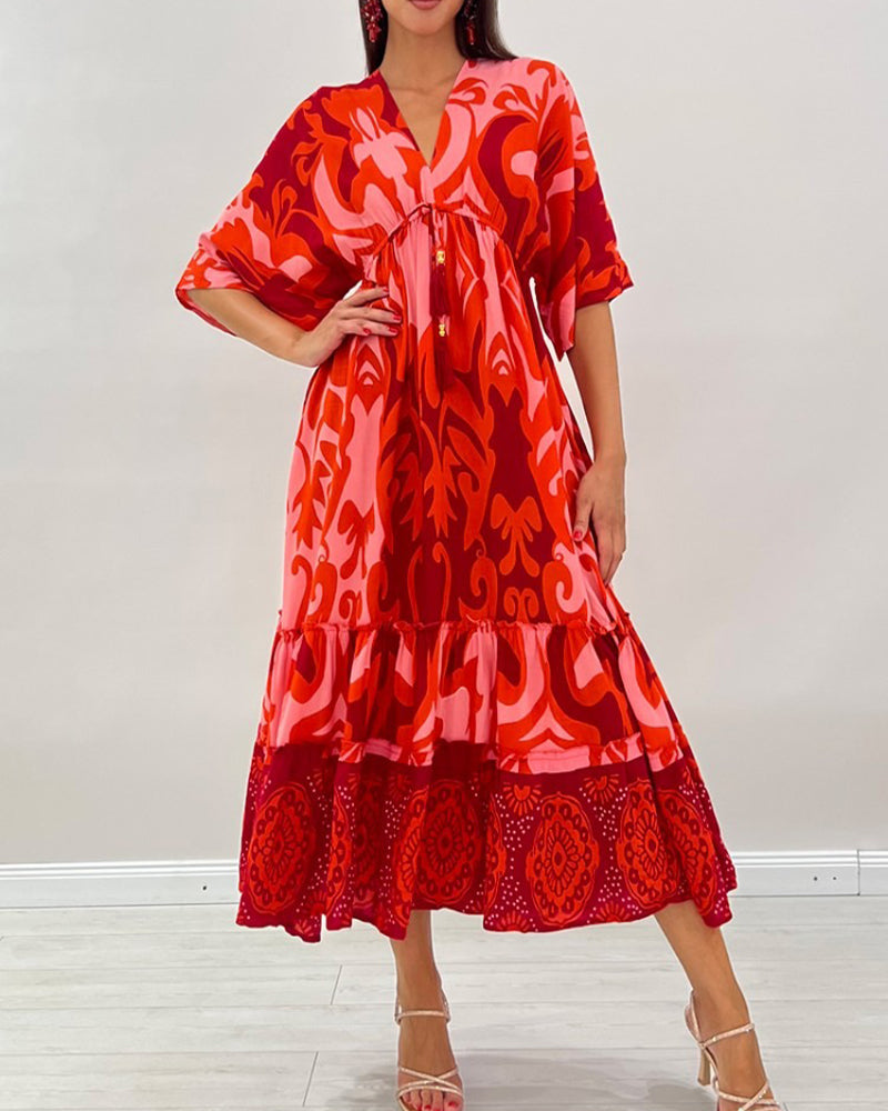V-Neck Floral Print A-Line Dress