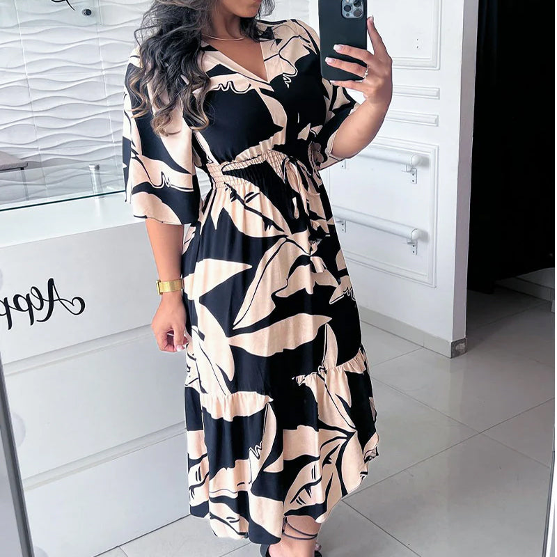 Aumora V-neck three-quarter sleeve drawstring elegant dress