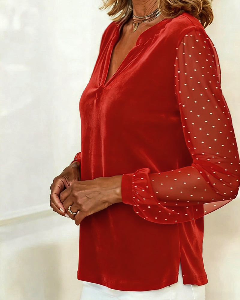 Long-Sleeved Velvet V-Neck Top
