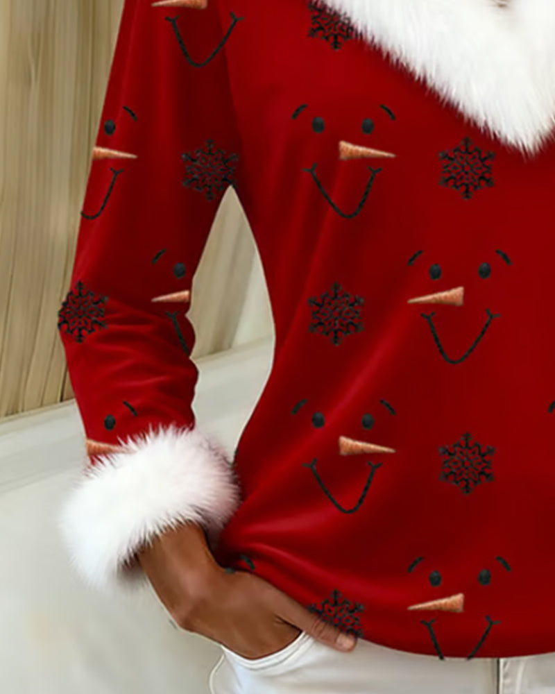 Fashionable Printed Fur Collar Top