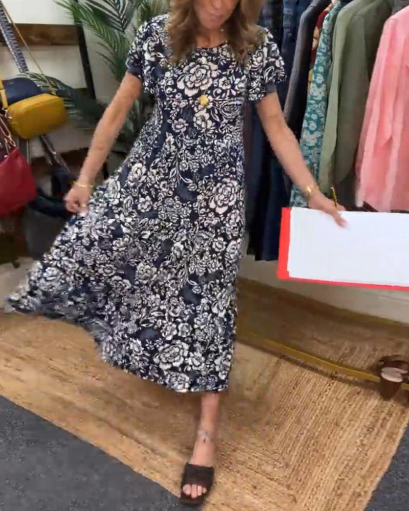 Floral Print Short Sleeve Long Dress