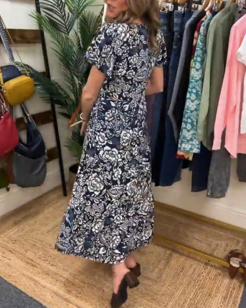 Floral Print Short Sleeve Long Dress