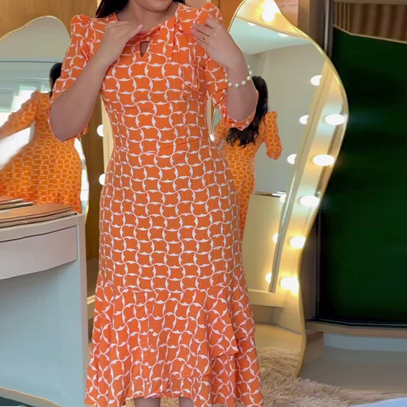 Half Sleeve Round Neck Waist Print Dress