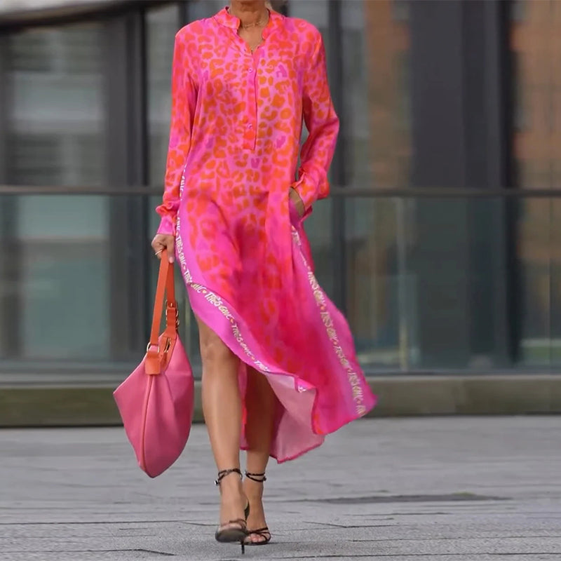 Long-Sleeved Leopard Print Slit Dress