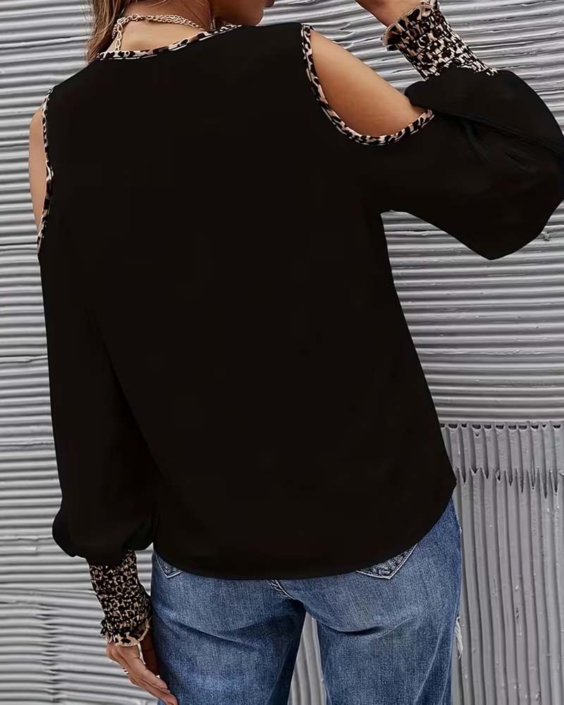 Off-Shoulder Leopard Patchwork Long Sleeve Blouse