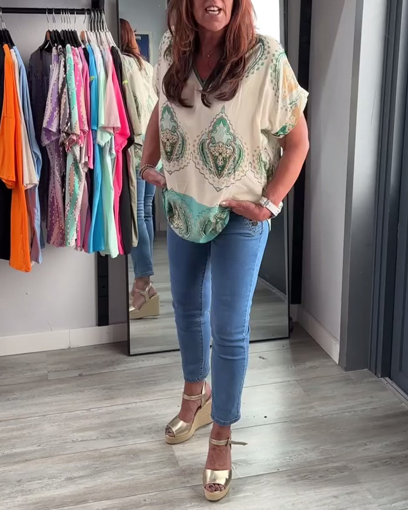 Retro printed V-neck casual top