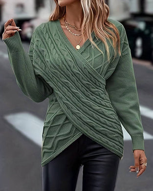 V-Neck Solid Color Long-Sleeved Pullovers