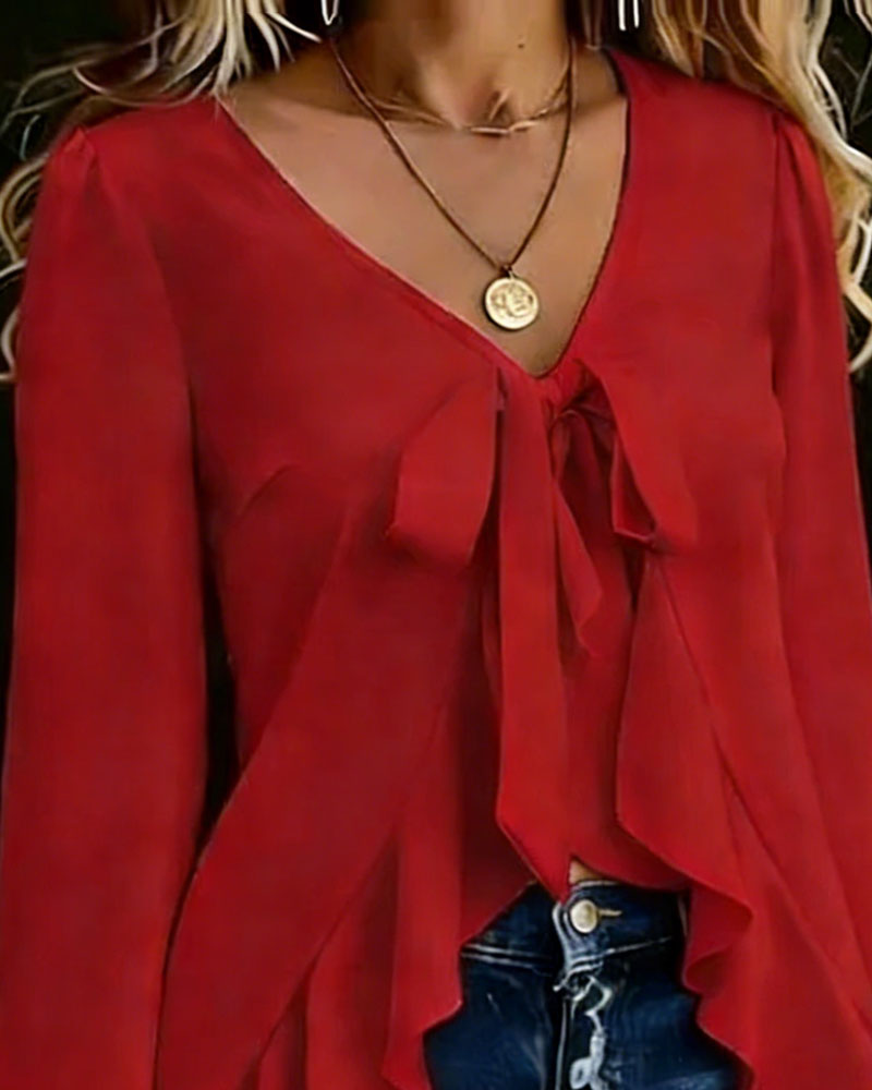V-Neck Tie-Front Ruffled Blouse