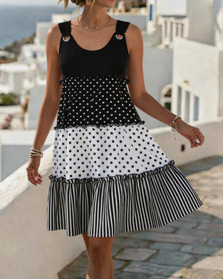Polka Dot Stripe Tiered Spaghetti Dress
