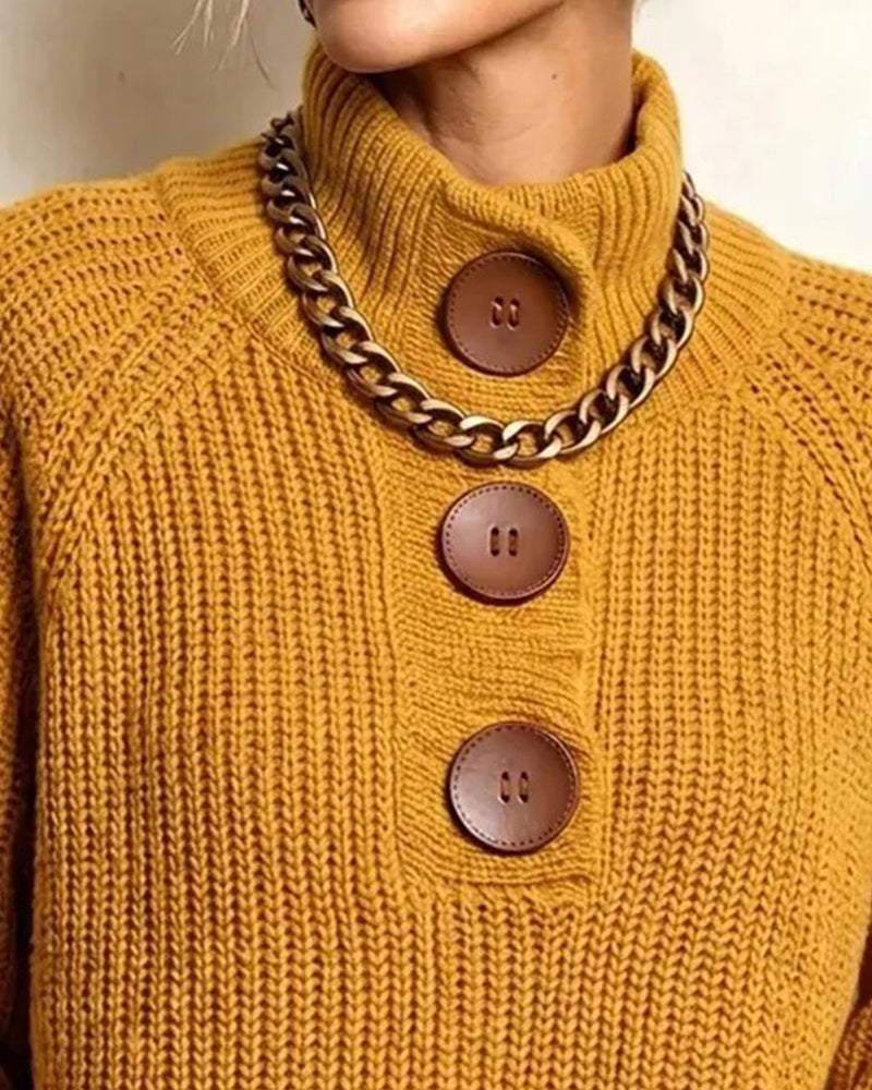 Turtleneck Buttoned Raglan Sleeves Pullover