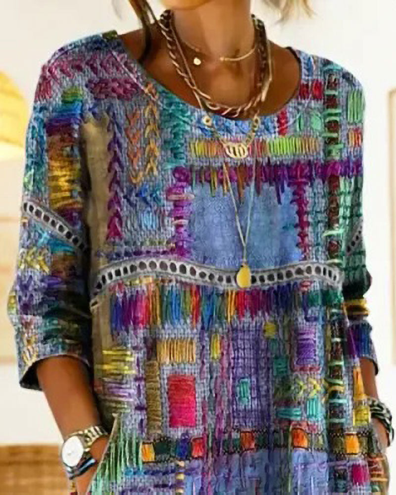 Colorful Geometric Half-Sleeve Dress