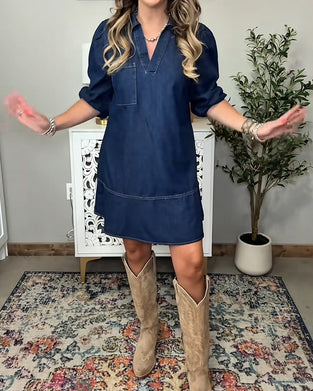 Collared Lantern Sleeve Denim Dress