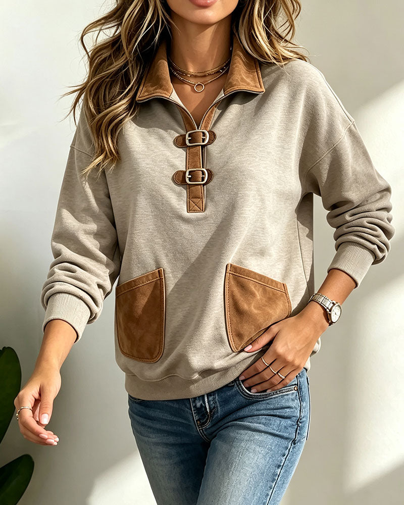 Suede Patchwork Pocket Sweatshirt