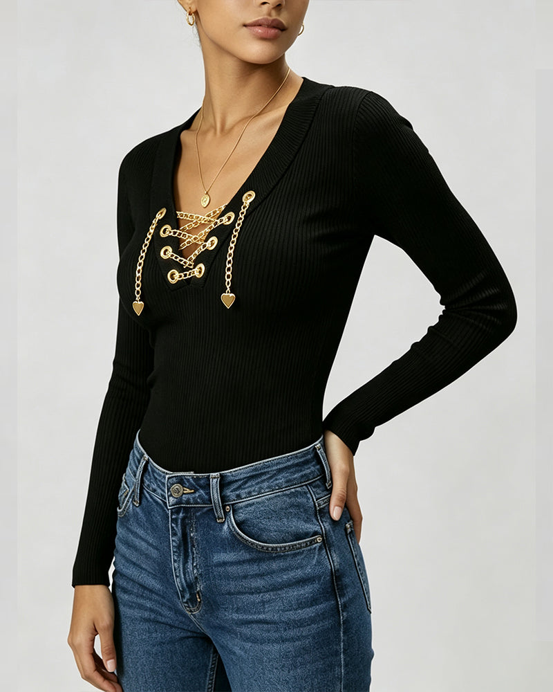 Chain Embellished V-Neck Long Sleeve Top