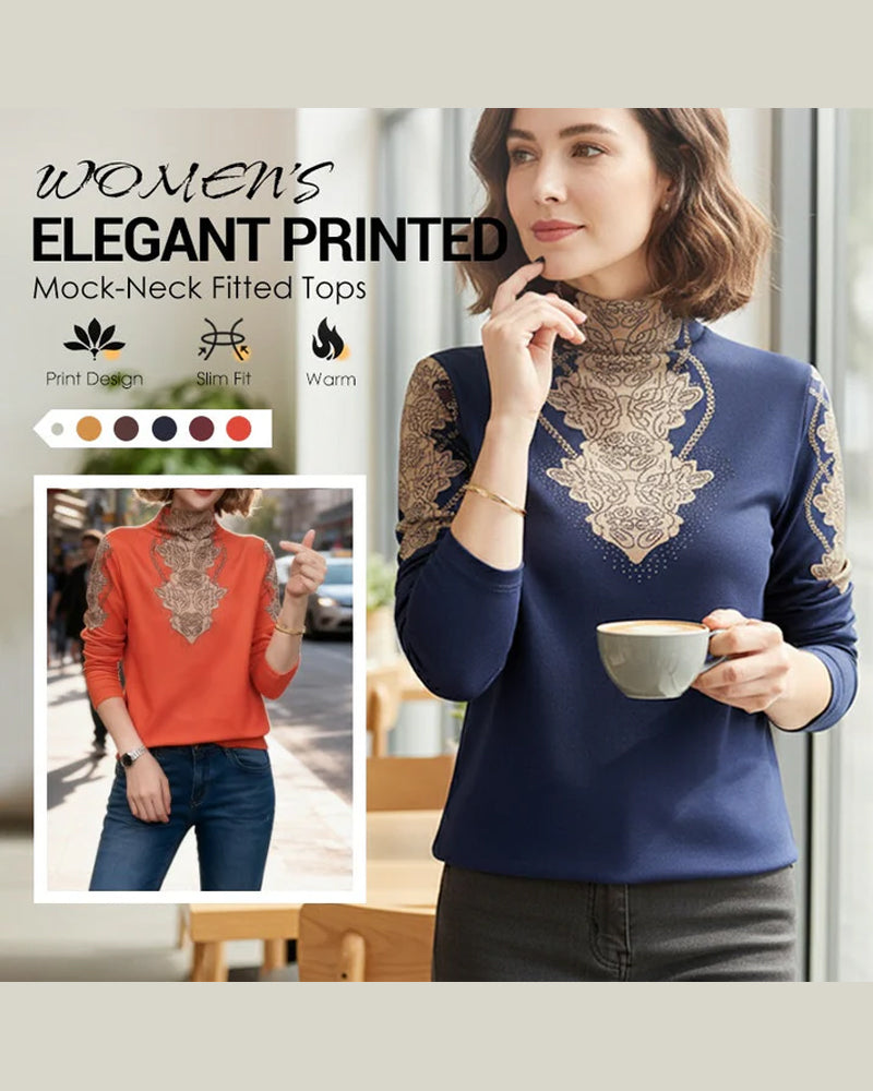 Elegant Printed Fitted Women's Stand Collar Top
