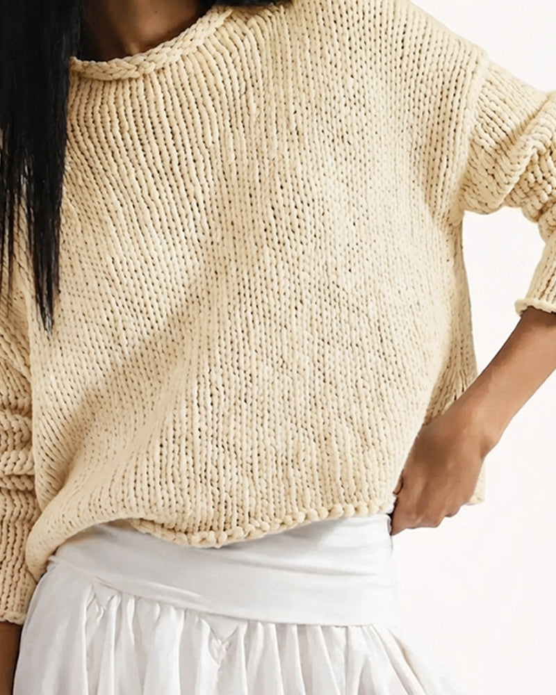 Crew Neck Short Long Sleeve Solid Pullover