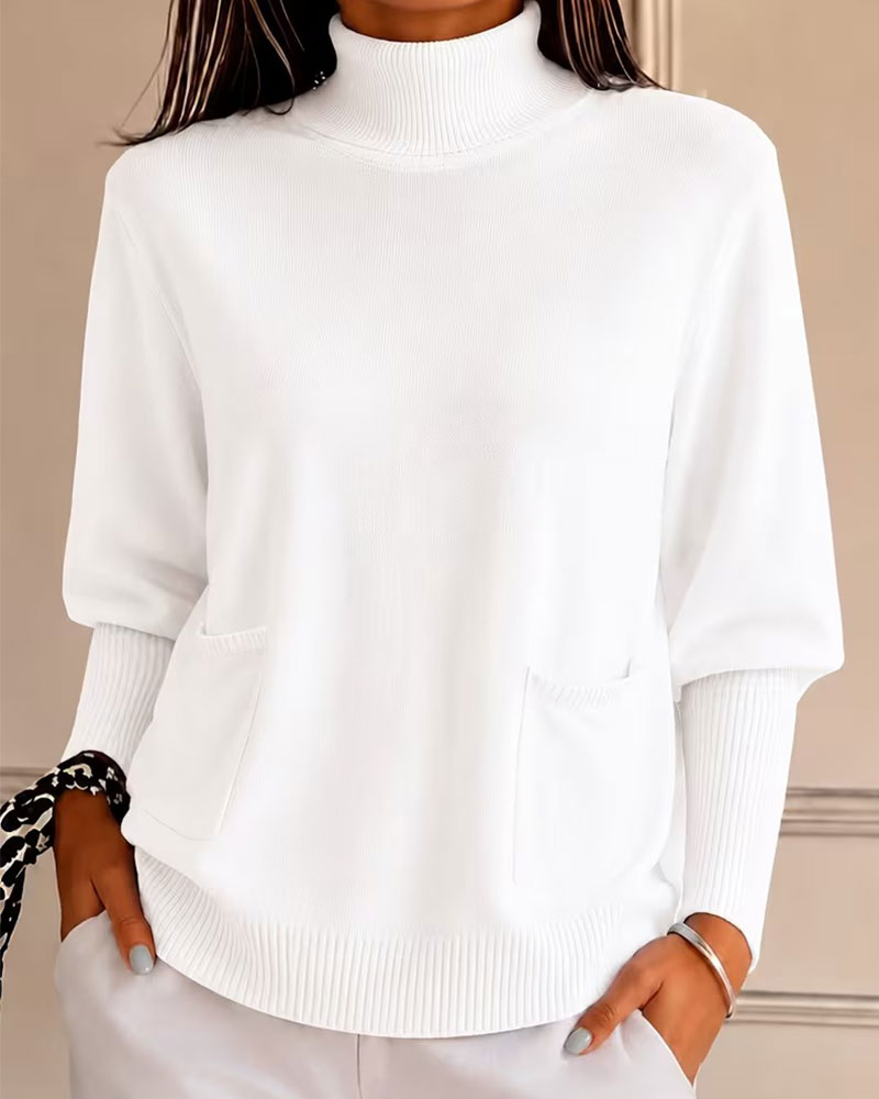 Turtleneck Pocket Solid Pullover