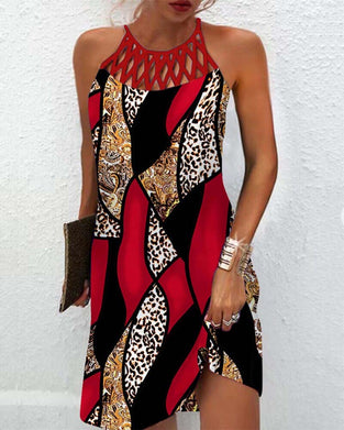 Hollow sleeveless contrast color dress