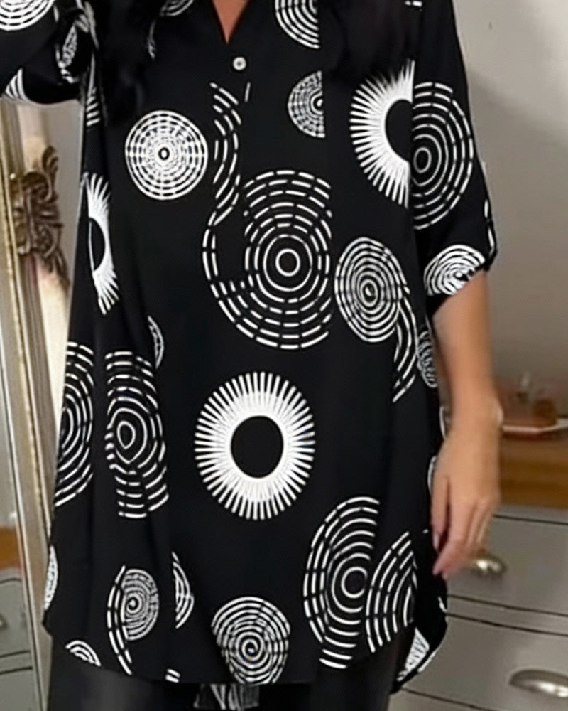 Geometric Circular Print Long-Sleeved Dress