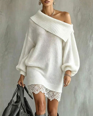 Slant Neck Lantern Sleeve Patchwork Lace Sweater Dress