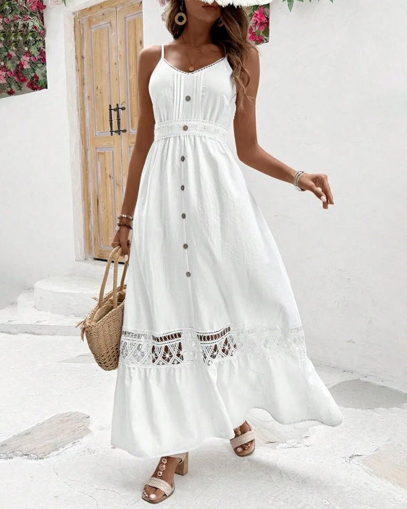 Spaghetti Strap Button Cutout V-Neck Dress