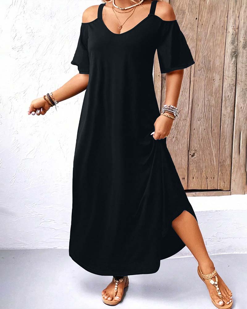 Solid V-Neck Off-Shoulder Long Dress