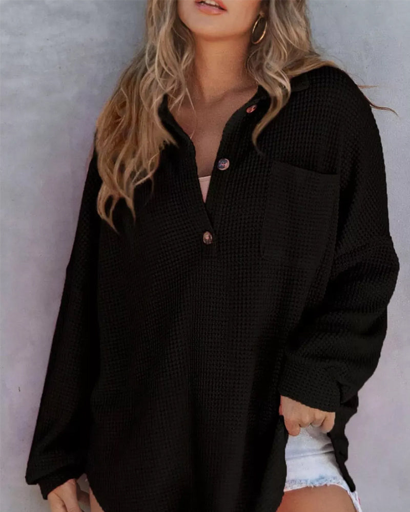 Solid Button-Down Loose Lapel Blouse