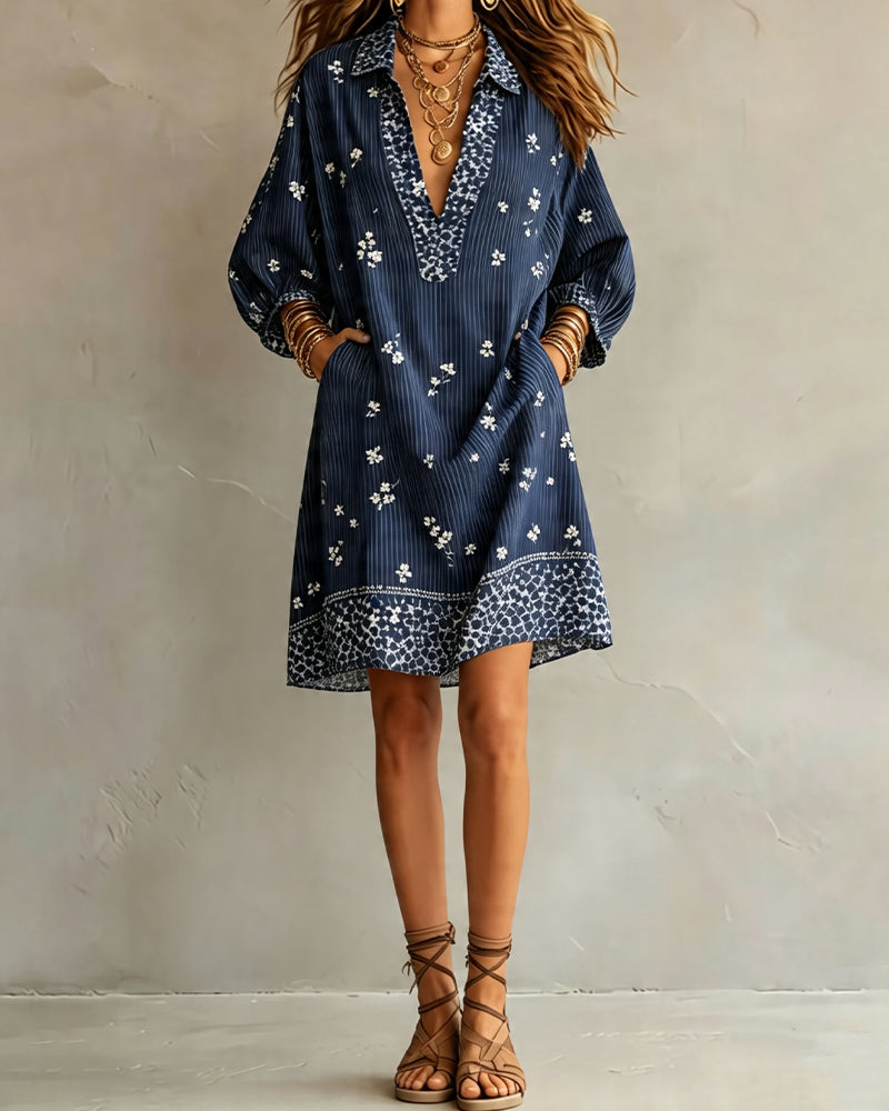 Three-Quarter Lantern Sleeve Print Dress