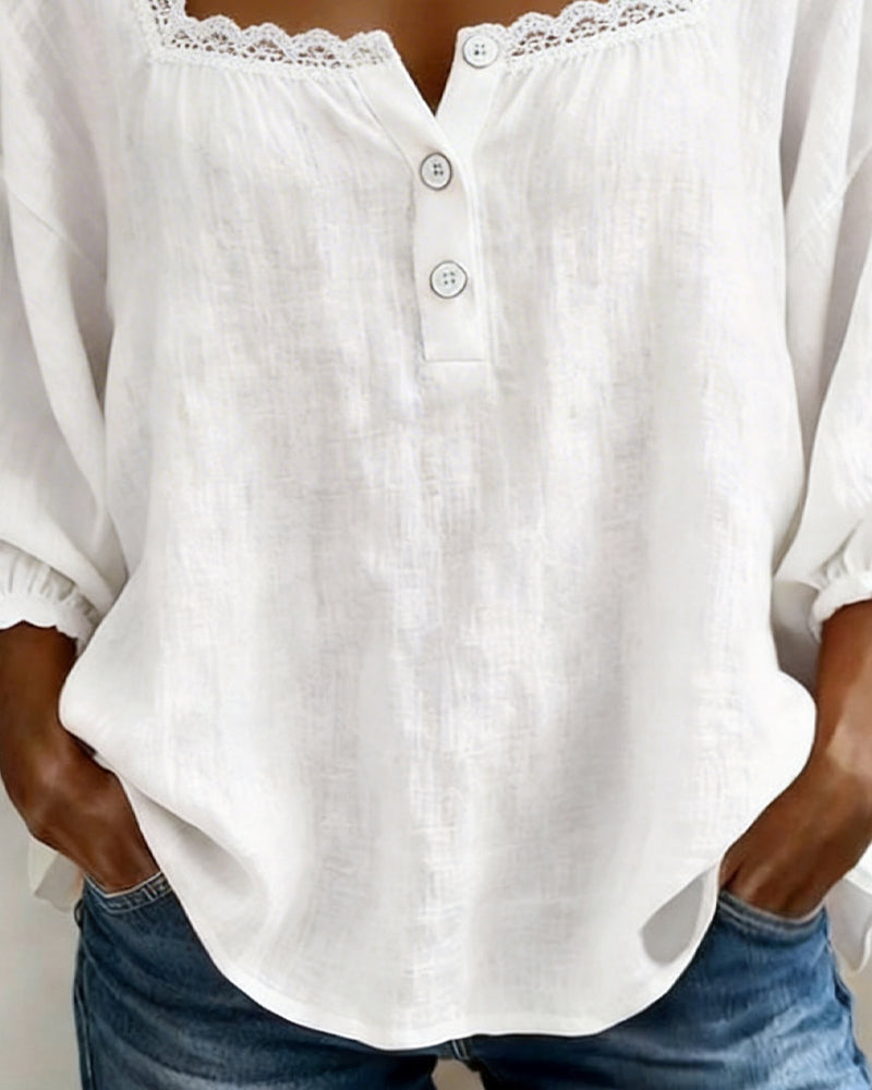 Square Neck Lace Puff Sleeve Blouse