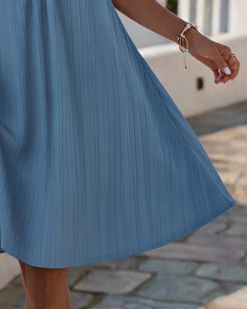 V-Neck Striped Ruched Solid Sleeveless Dress