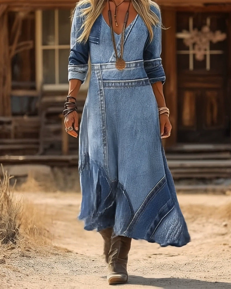 Retro V-Neck Long-Sleeved Printed Dress