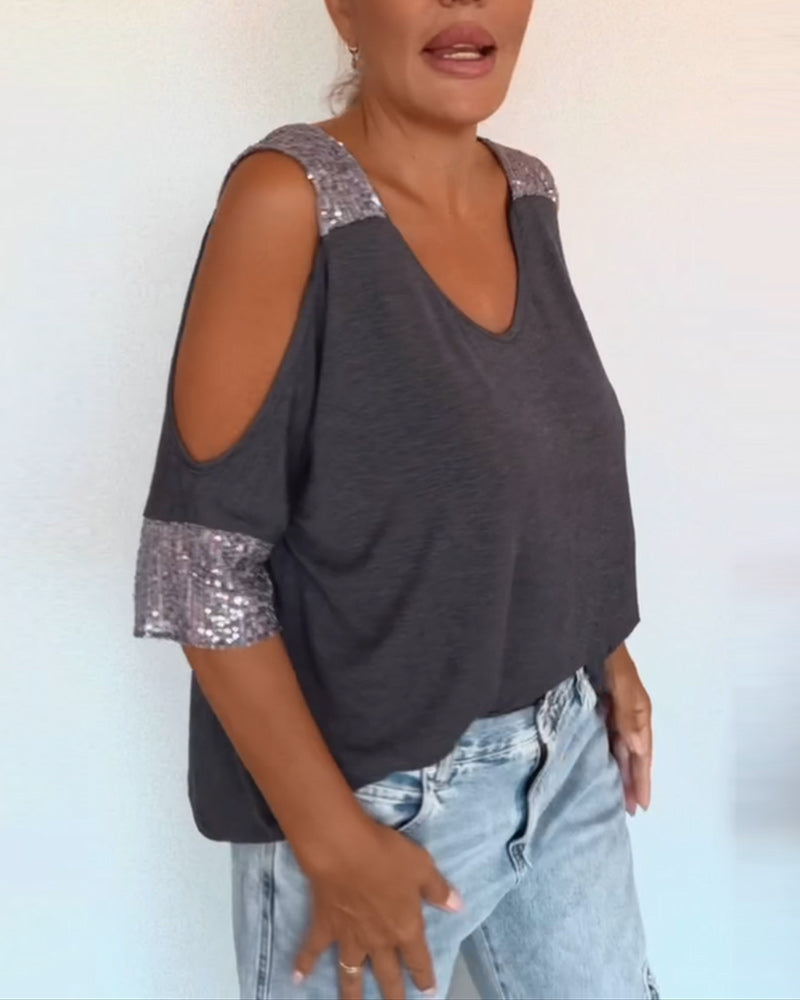 V-Neck Off-The-Shoulder Sequin Patch T-Shirt