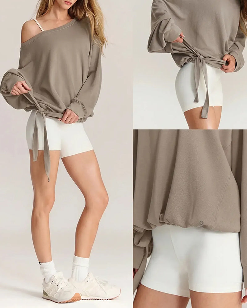One-Shoulder Drawstring Loose Sweatshirt