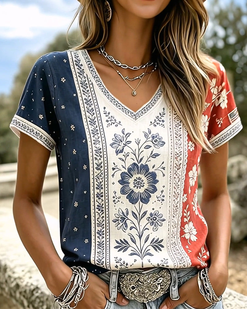 Colorblock Ethnic Floral V-Neck T-Shirts