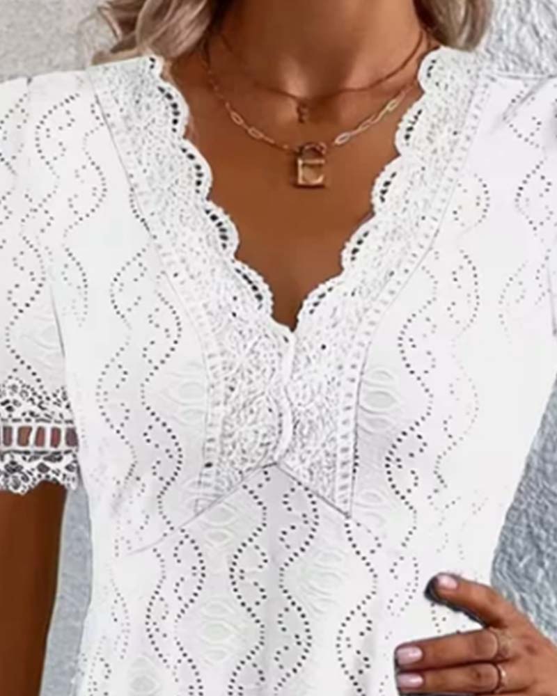 Lace V-Neck Hollow Out Blouse