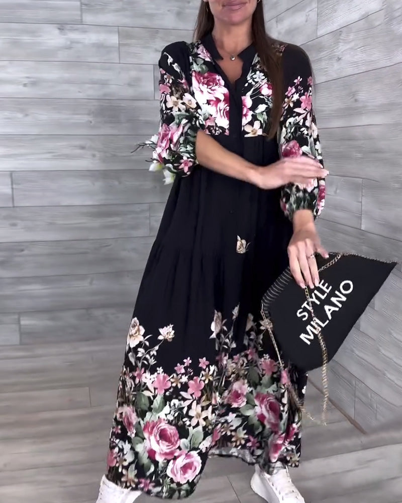 Floral Print Casual Lantern Sleeve Dress