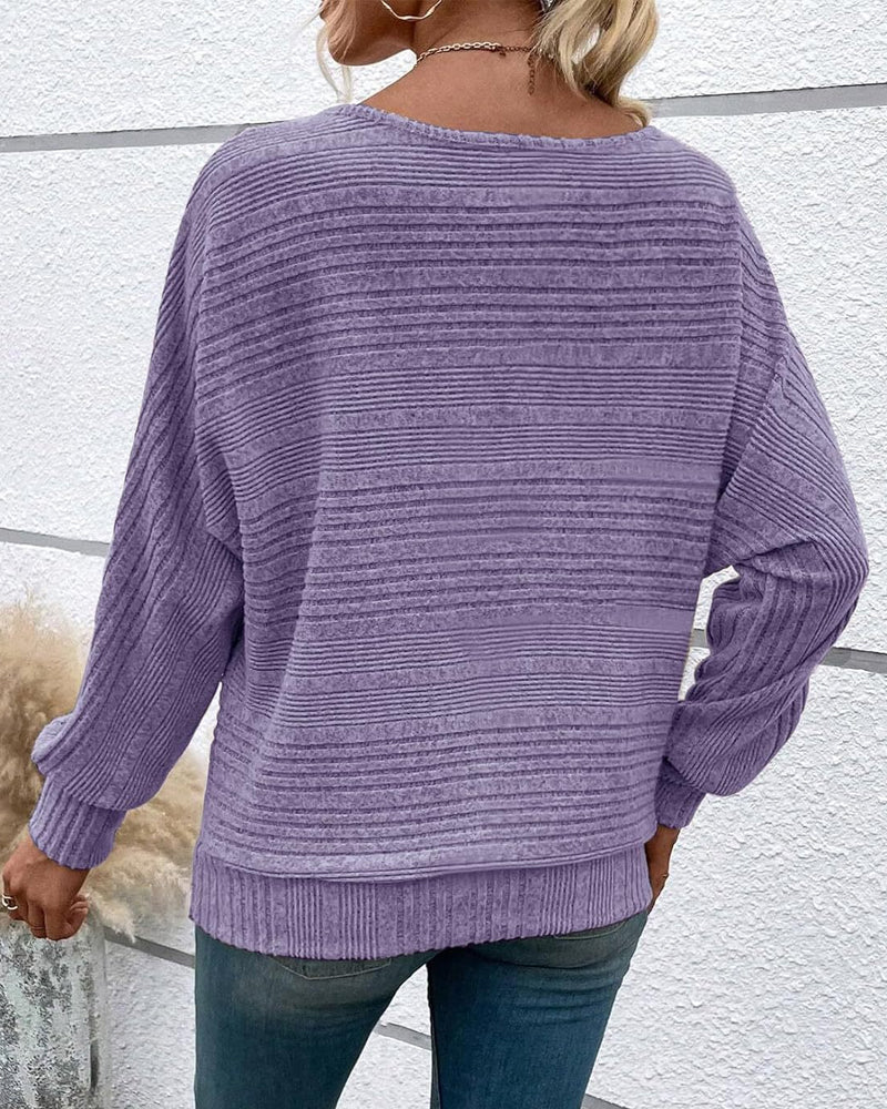 Solid Color Round Neck Long Sleeve Striped Top