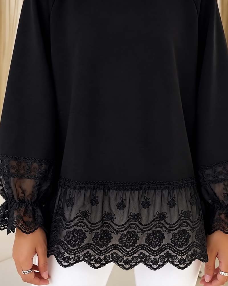 Patchwork Long Sleeve Crew Neck Blouse