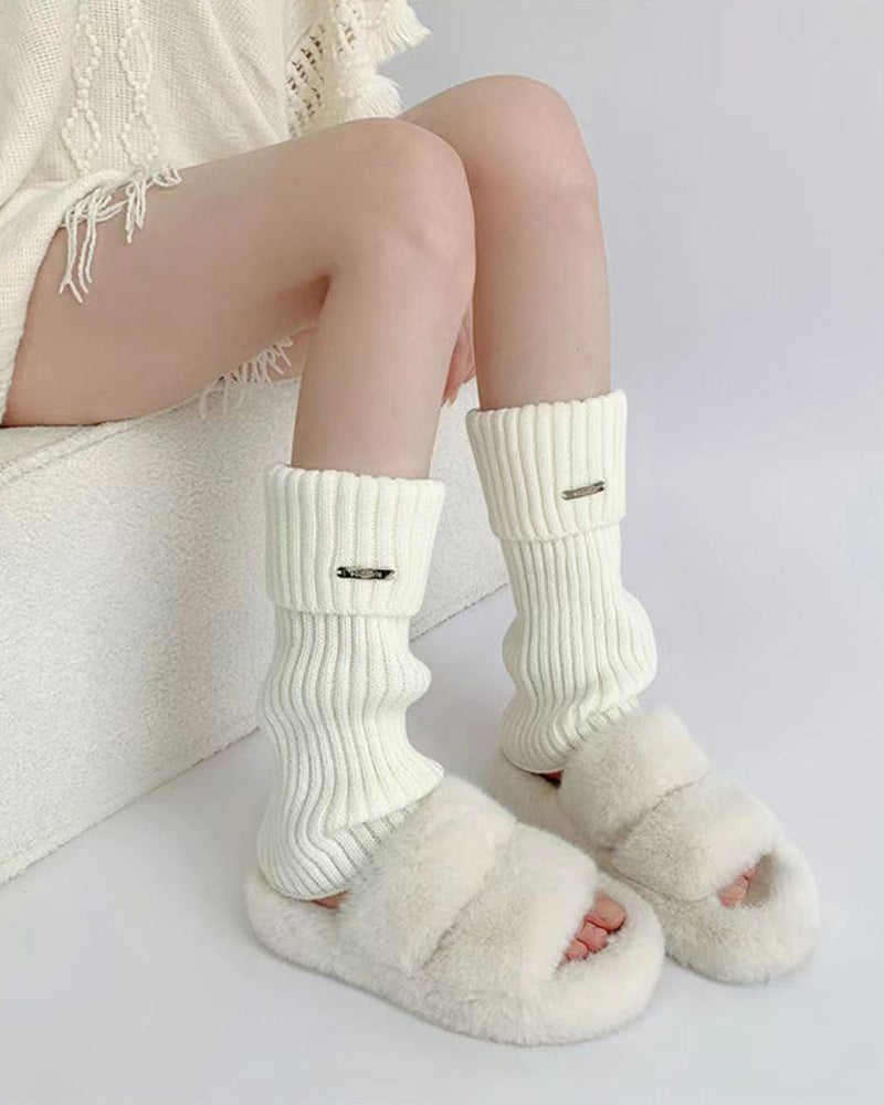 Women's Basic Solid Metal Label Decor Leg Warmers, Minimalist Womenswear