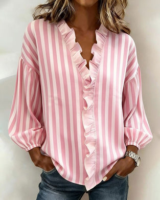 Ruffled Long-Sleeved Striped Blouse