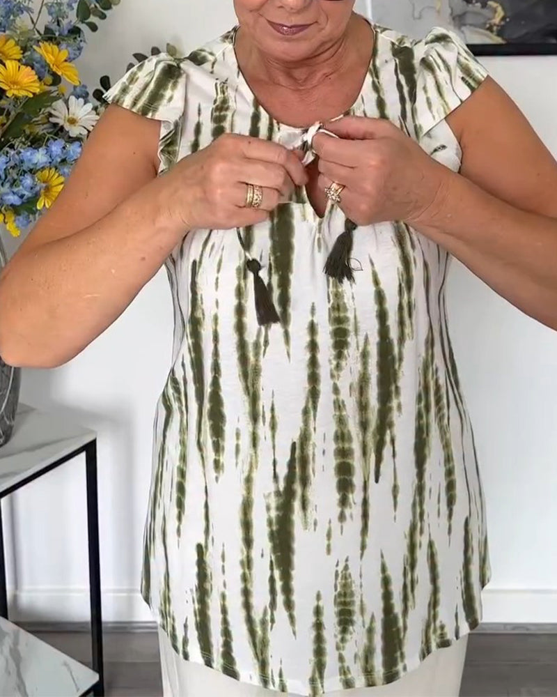 Lotus Leaf Sleeves Tassel Tie-Dye Blouse