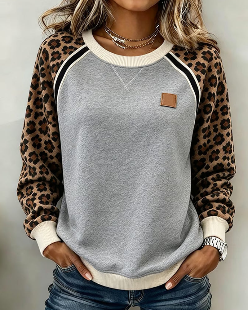 Leopard Color-Block Crew Neck Sweatshirt