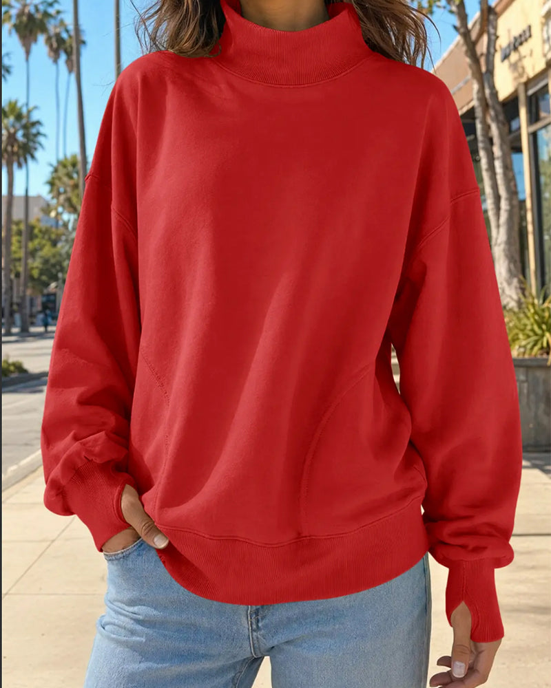 High Neck Dropped Shoulder Solid Color Sweatshirt