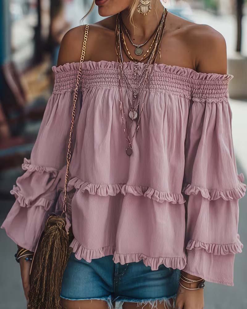 Off-Shoulder Ruffle Long Sleeve Blouse
