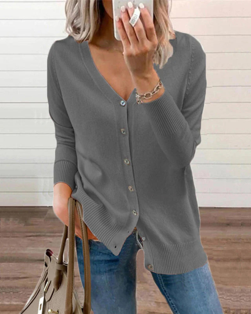 Plain Knitted Top With Button Closure And V-Neck For Women