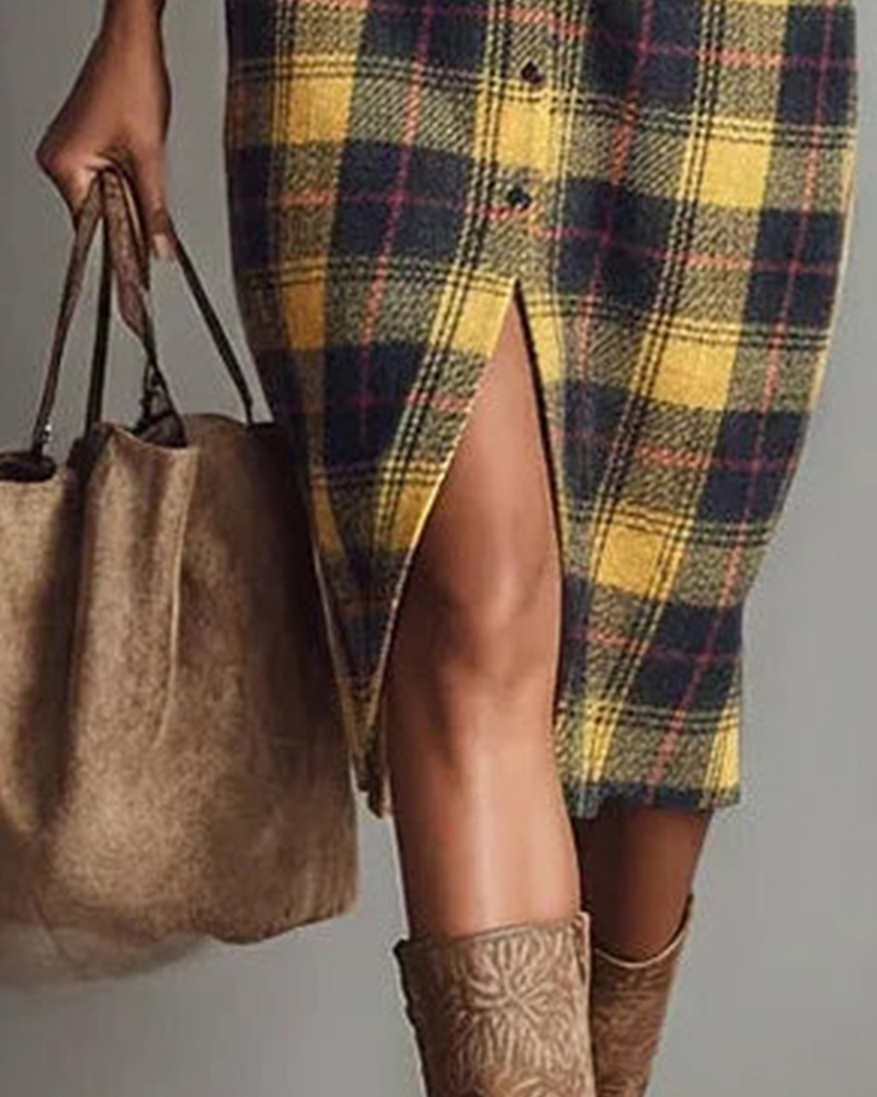 Shirt Collar Plaid Long Sleeve Dress