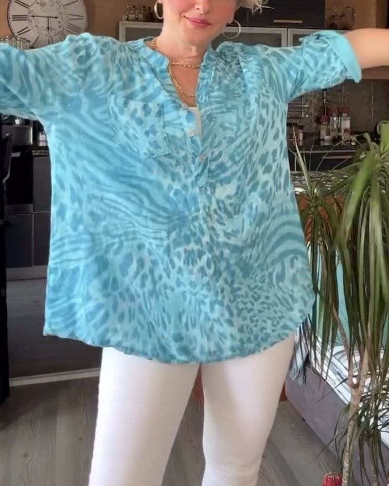 Printed V-neck pocket button three-quarter sleeves blouse